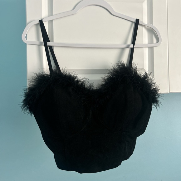 Klassy Network Tops - Black Feather Trim Crop Top